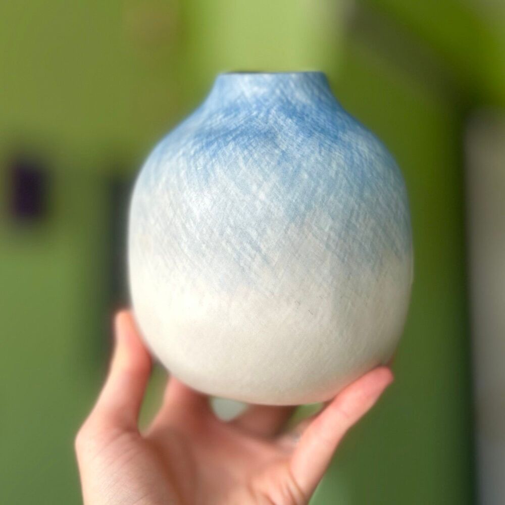 Bohemian Eclectic Unique Blue + Cream Pottery Indoor Vase Accent Decor Piece - Picture 3 of 10